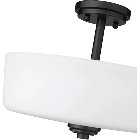 Side view of Three Light Matte Black Semi Flush Mount Ceiling Fixture With Tuscan Inspired Details UL Listed showing opal shade.