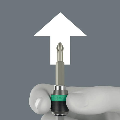 Hand holding Rapidaptor Universal Bit Holder for one quarter inch hex drive magnetic quick change bit holder 100 mm length.