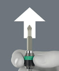 Hand holding bit from 7 Piece Tap Bits Set With Rapidaptor Quick Change Technology for metal, with upward arrow, close-up view.