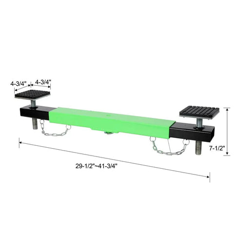 Heavy Duty Floor Jack Cross Beam Adapter With No Shake Rock Steady Support Tough As Nails Crossbar, green jack adapter bar with rubber pads.