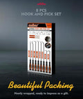 Front view of HORUSDY 8-piece hook and pick set for automotive repair with wooden ergonomic handles, in packaging.