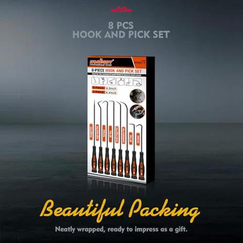 Front view of HORUSDY 8-piece hook and pick set for automotive repair with wooden ergonomic handles, in packaging.