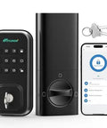 Top Tier Smart Keyless Entry Door Lock With Digital Keypad And Built In WiFi Deadbolt features a black design and smartphone app for remote access.
