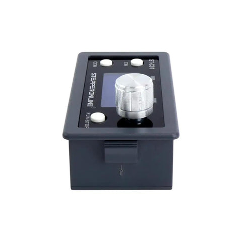 Front view of Single Axis Stepper Motor Controller for NEMA 17 and 23 Motors, compact module with knob and display.