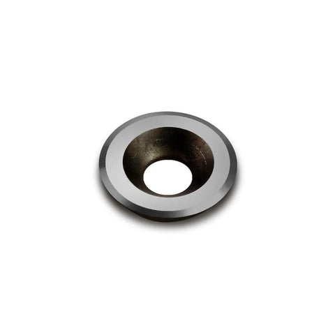Front view of a 5/8-inch round carbide cutter insert with center bore for wood turning lathe tools