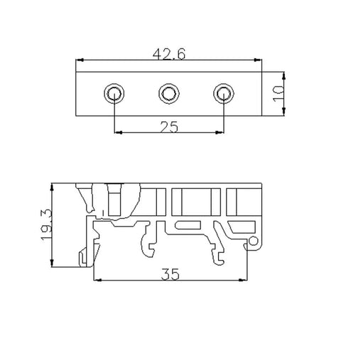 Technical drawing of Din Rail PCB Mounting Adapter Kit For C45 Rail With 35mm And 15mm Spacers, dimensions detailed.