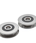 Two stainless steel deep U-groove ball bearing pulleys with 12 mm bore and 50 mm outer diameter.