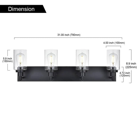 Black 4 Light Vanity Lighting Fixtures Over Mirror With Clear Glass Shades Modern Indoor Wall Mount Bath Bar dimensions