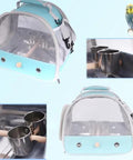 Bird feeder cups with clamp mount on standing perch; two stainless cups, turquoise carrier backpack with clear window.