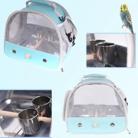 Bird feeder cups with clamp mount on standing perch; two stainless cups, turquoise carrier backpack with clear window.