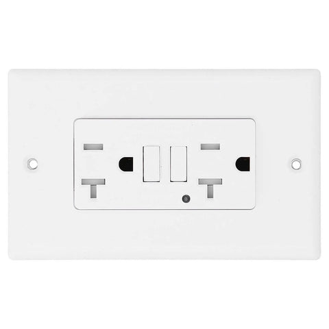 Rock Solid 20 Amp Smart Gfci Outlet With Child Door Shutters and ETL Listing, sleek white design.