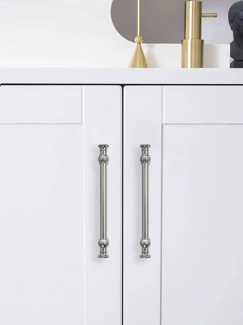 2 Pack 4 Inch Hole Center Brushed Satin Nickel Cabinet Pulls on white cupboard doors