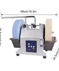 Professional Electric Knife Sharpener And Bench Grinder With Adjustable 90 To 300 Rpm And Water Cooling Tank For Wet Grinding Die Cast Aluminum Build shown from side angle with dimensions.