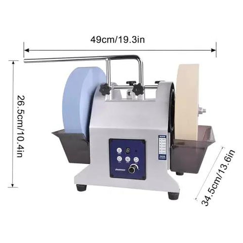 Professional Electric Knife Sharpener And Bench Grinder With Adjustable 90 To 300 Rpm And Water Cooling Tank For Wet Grinding Die Cast Aluminum Build shown from side angle with dimensions.