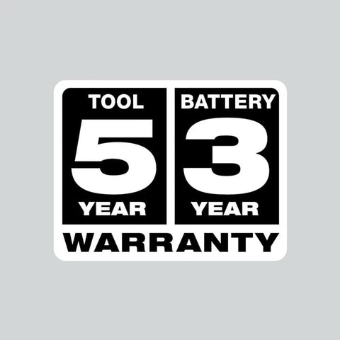 5 year warranty for tool and 3 year warranty for battery on Half Inch High Torque Cordless Impact Wrench Kit.
