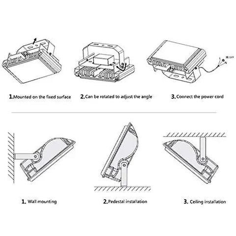 Installation guide for JUDYSSY Floodlight showing wall, pedestal, and ceiling mounting options with adjustable angles.