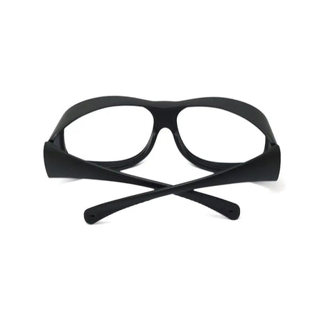 Rock Solid Co2 Laser Safety Glasses Featuring Clear Glass Optics And OD6 Plus Rating Built For 9000 To 11000Nm Wavelengths, black frame front view.