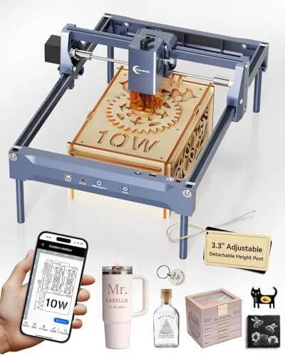 10W laser engraving machine with blue metal frame, desktop CNC engraver for wood, metal, acrylic.
