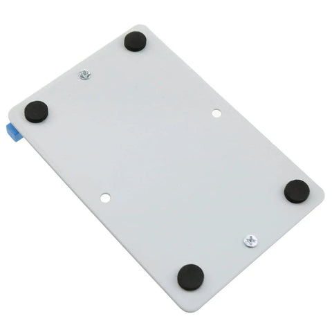 Bottom view of Adjustable PCB Circuit Board Holder 120x80mm with anti slip sponge pads, stainless steel clamp platform for soldering