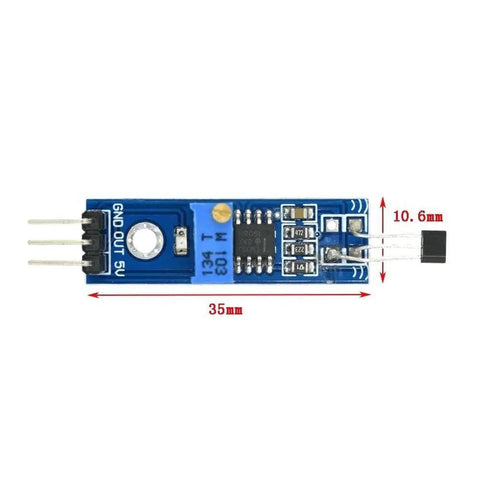 Straight Up Solid Hall Sensor Module For Speed Tracking And Revolution Counting With Magnetic Trigger Switch And Lm393 Comparator Board For Dc 5V Power And No Hassle Build Projects, measuring 35mm by 10.6mm with pin outputs.