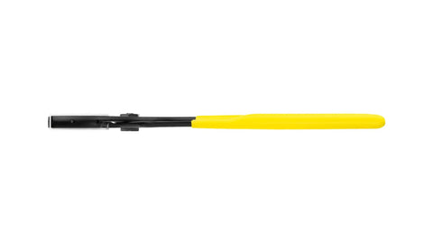 Side view of 12-inch water pump pliers with soft resin jaws and built-in spring, yellow handle, adjustable grip.