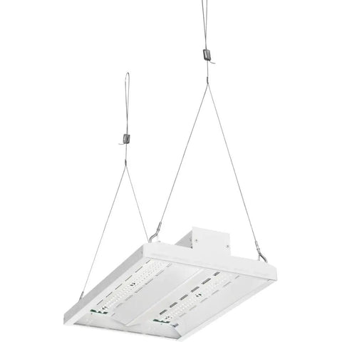 LED high bay light suspended with Ten Foot Beefy Aircraft Cable With Hooks Hanging Suspension Kit, visible in use.