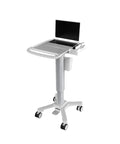 Totally Slick Rolling Adjustable Standing Desk Trolley With Tilting Laptop Workstation Cart, mobile design on wheels, grey alloy frame.