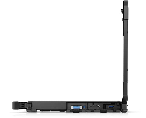 Rugged Latitude Fifty Four Twenty Laptop With Crisp Touchscreen Intel Core I5 Eight Thirty Five Chip Delivering Three Point Six Ghz Quad Power Sixteen Gb Ram Two Fifty Six Gb Ssd Windows Eleven Pro Built Tough For Job Sites Certified Refreshed Black side view highlighting ports and rugged design.