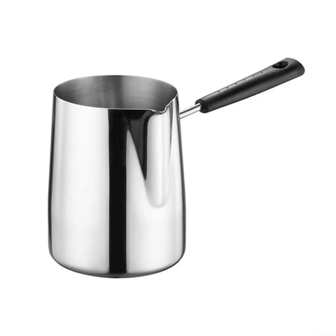 Stainless Steel Turkish Coffee Pot With No Fuss All Day Rust Resistant Build And Easy Pour Spout For Brewing Coffee Melting Chocolate Heating Milk Or Sauce In The Kitchen 900 Ml Capacity with black handle.