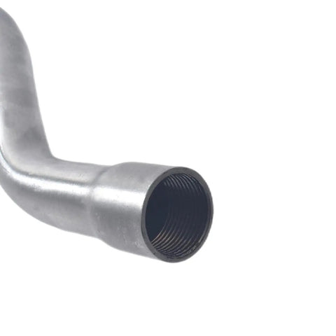 Close-up of Beefed Up Exhaust Header Pipe for Predator 196cc, featuring durable steel and high flow design, threaded end visible.