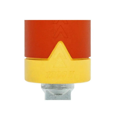 Close-up of Eshok Guard Half Inch Socket Isolator for Impact Wrenches in red and yellow, showing durable construction and fit