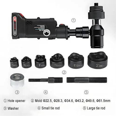 Rechargeable Hydraulic Hole Punch Kit With 80KN Power 6 Die Set featuring dual batteries and 22mm stroke, ideal for metal sheet projects
