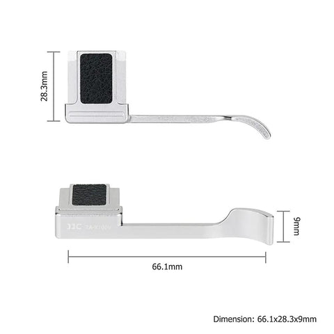 Deluxe Metal Thumb Up Grip For Fuji X100V X100F X-E4 X-E3 Cameras, viewed from side and above with dimensions shown