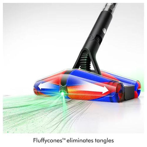 Front view of Dyson PencilVac Fluffycones cordless vacuum head with black wand and multicolor roller
