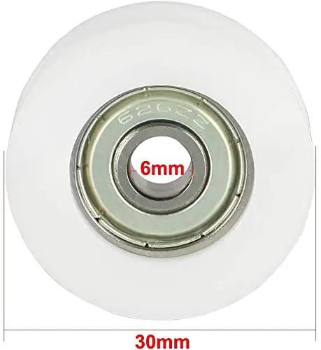 Sleek Metal V-Groove Bearing Pulley For Linear Systems 6mm Bore 30mm OD 10mm Thick top view showing dimensions and design.