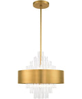 Absolute Flex Eight Light Natural Brass Pendant Chandelier With Sculpted Drum Shade And Dazzling Clear Crystal Rods For Upscale Living Areas That Turn Heads On A Dime hanging from ceiling with clear glass rods.
