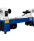 Side view of 10x18 benchtop wood lathe on blue base with white headstock and tailstock.