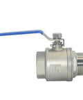 Side view of 2 Inch Stainless Steel Ball Valve, Male To Female NPT, Full Port, S304, Beefy Heavy Duty For Water Oil Gas, durable silver finish.