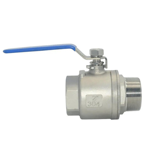 Side view of 2 Inch Stainless Steel Ball Valve, Male To Female NPT, Full Port, S304, Beefy Heavy Duty For Water Oil Gas, durable silver finish.