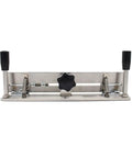 Rock Solid Knife Jig For Belt Grinder Sharpening With Double Arm Grip And Rust Proof Stainless Steel Build To Nail Edge Angles Every Time On Any Belt Sander Or Belt Machine For Fast Blade Prep Ready, front view.