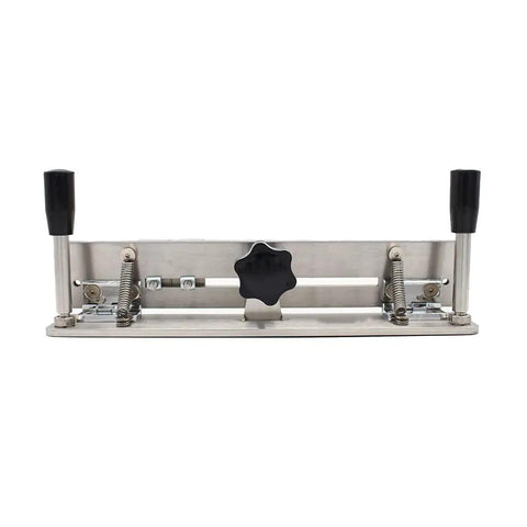 Rock Solid Knife Jig For Belt Grinder Sharpening With Double Arm Grip And Rust Proof Stainless Steel Build To Nail Edge Angles Every Time On Any Belt Sander Or Belt Machine For Fast Blade Prep Ready, front view.