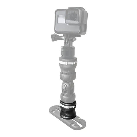 Compact MiniPort Track Mount Base For Kayaks with StarPort compatibility, supporting a mounted camera, highlighting low-profile design.