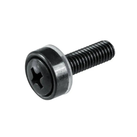 Close-up of a single black screw from Standard Size Rack Screws 25 Pack Built Tough For Rack Rails And Gear Mounting, 10 32 Thread
