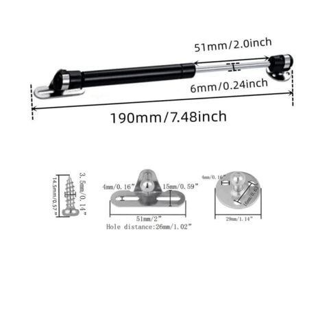 Gas struts for cabinets, black, 6-inch (190mm), 20N/4.4lb, pair with mounting brackets.