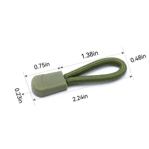 16 Pack Heavy Duty Zipper Pull Replacements For Luggage Backpacks Jackets And Purses Universal Zipper Tag Extender Repair Kit Built From Durable Nylon Cord With Wear Resistant Pull Tabs In Assorted Colors, green pull with dimensions.