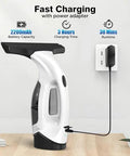 ZRHI cordless window vacuum squeegee, white body with black head, charging at wall outlet