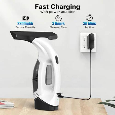 ZRHI cordless window vacuum squeegee, white body with black head, charging at wall outlet