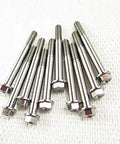 Hella Badass Grade 5 Titanium Hex Flange Bolts M6 X 55mm With 1 0 Thread Pitch And 8mm Allen Hex Head heavy duty fasteners arranged on a white background.