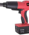 Badass Heavy Duty Cordless Battery Rivet Gun Rechargeable Electric Riveter Fast Driver With Four Mandrel Sizes For Sheet Metal And Custom Auto Body Work Plus Built In LED Light, showing side view of tool with battery.