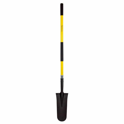 Heavy Duty Digging Shovel With Fiberglass Handle 58 Inch Length For Quick Dirt Penetration High Carbon Steel Blade Built For Hardcore Digging At The Yard And Tough Trenches Dependable Trenching Shovel For Real Work. Yellow fiberglass handle visible.